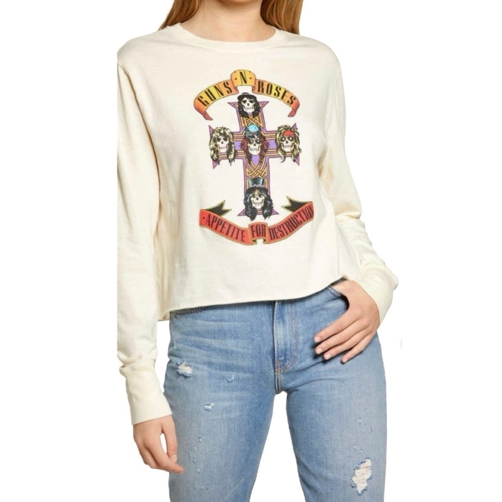 ⚡️SOLD⚡️ Guns N' Roses Band Long Sleeve Crop Tee Ivory Skull Graphic Shirt NEW - Picture 1 of 16